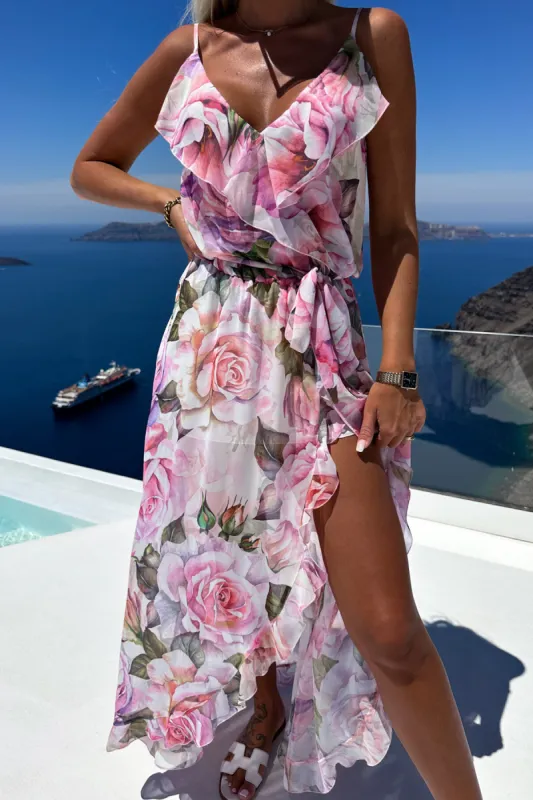 Aurora Pink Chiffon Floral Dress sold by Va Va Voom