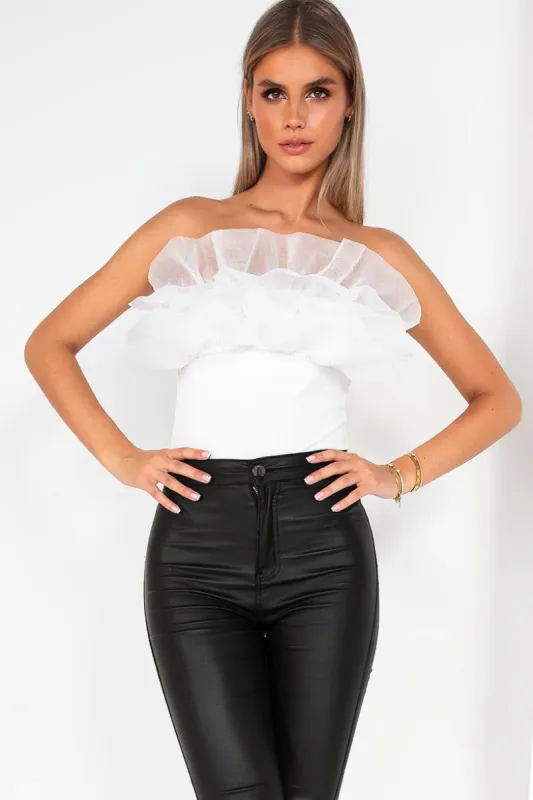 Jayda White Ruffle Trim Bodysuit sold by Va Va Voom