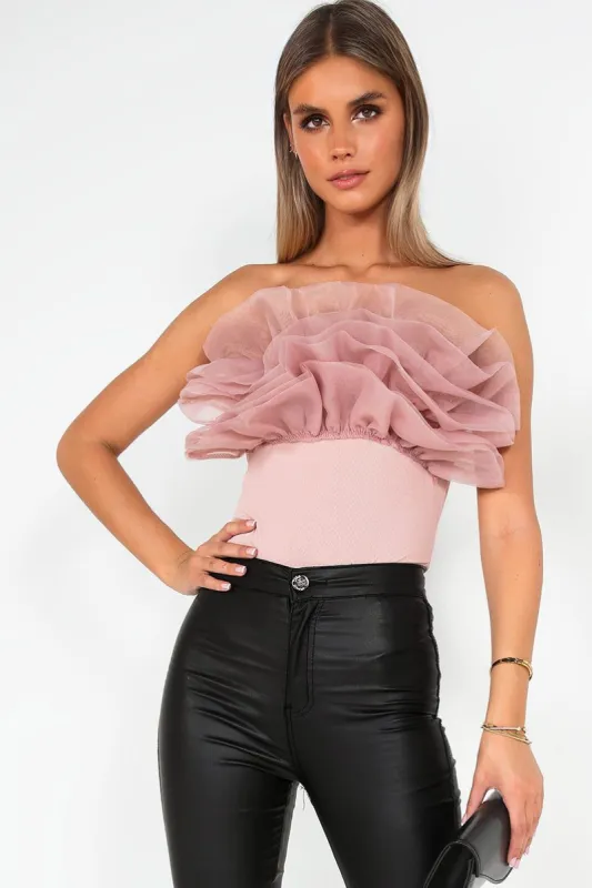 Jayda Dusty Pink Ruffle Trim Bodysuit sold by Va Va Voom