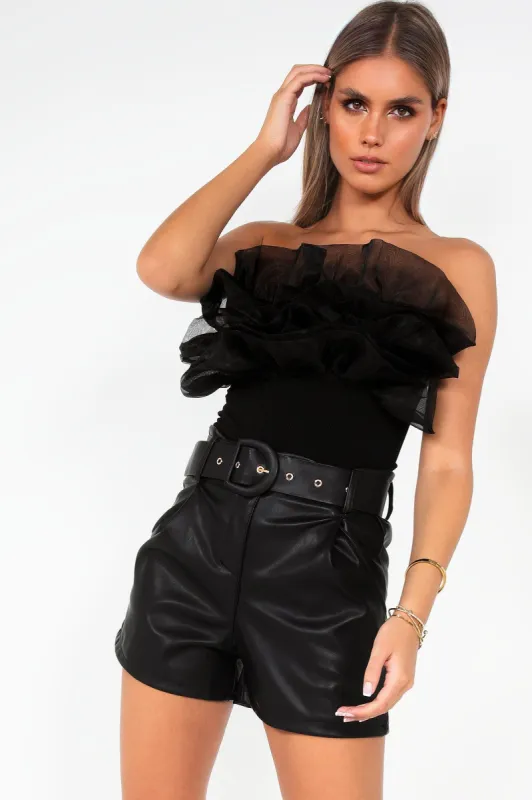 Jayda Black Ruffle Trim Bodysuit sold by Va Va Voom