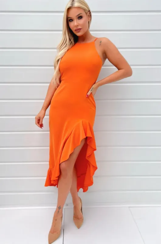 AX Paris Ilise Orange Frill Hem Dress sold by Va Va Voom