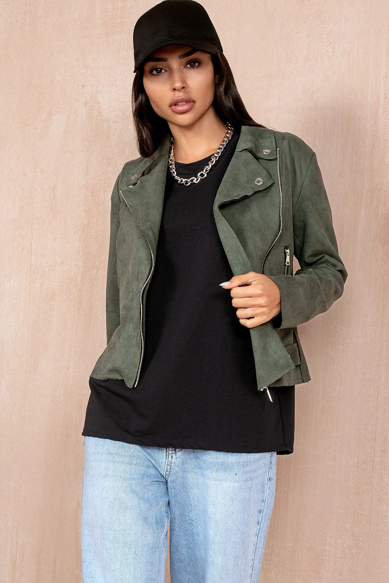 Anna Khaki Suedette Biker Jacket sold by Va Va Voom product image thumbnail 2