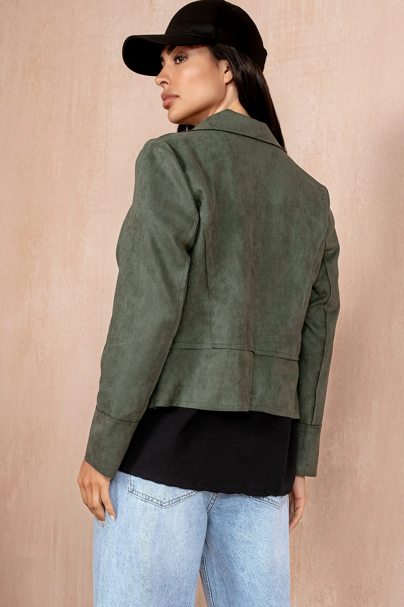 Anna Khaki Suedette Biker Jacket sold by Va Va Voom product image thumbnail 4