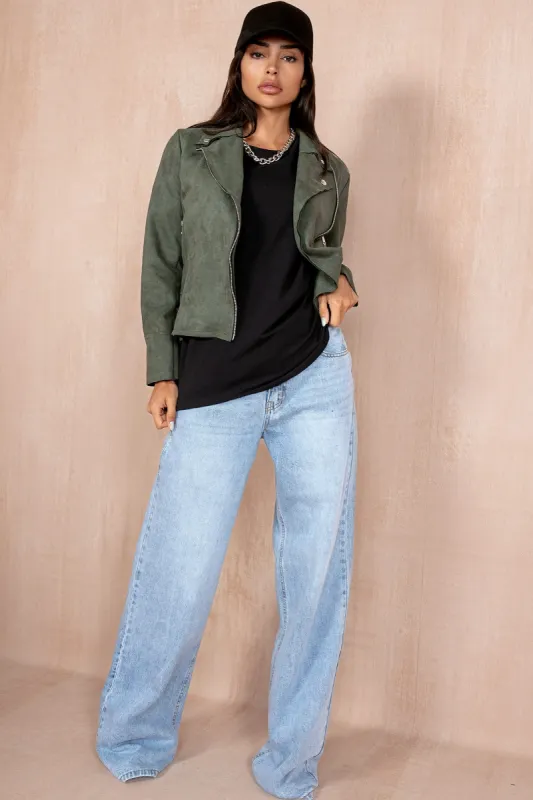 Anna Khaki Suedette Biker Jacket sold by Va Va Voom
