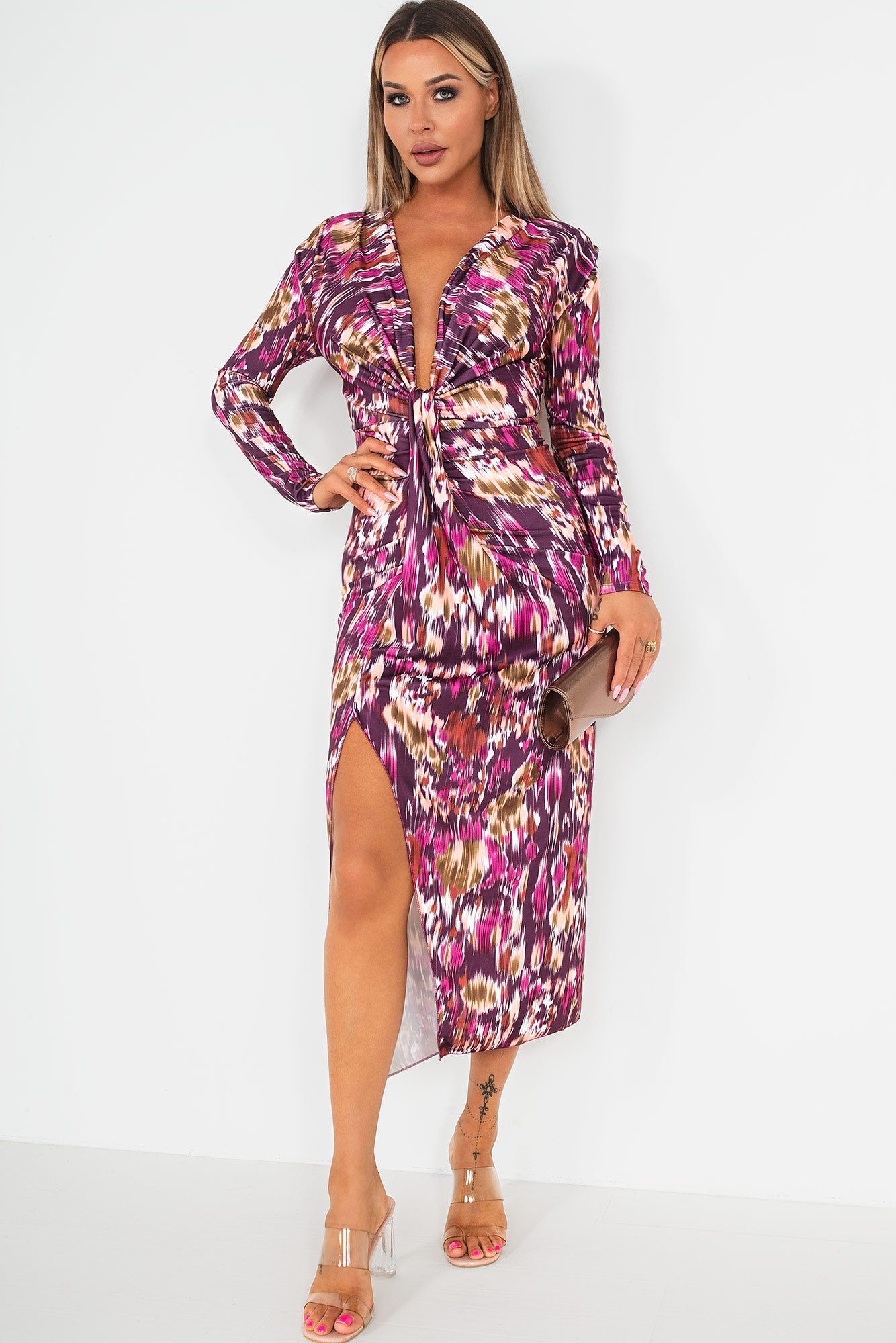 Greyson Purple Printed Knot Front Midi Dress sold by Va Va Voom product image thumbnail 2