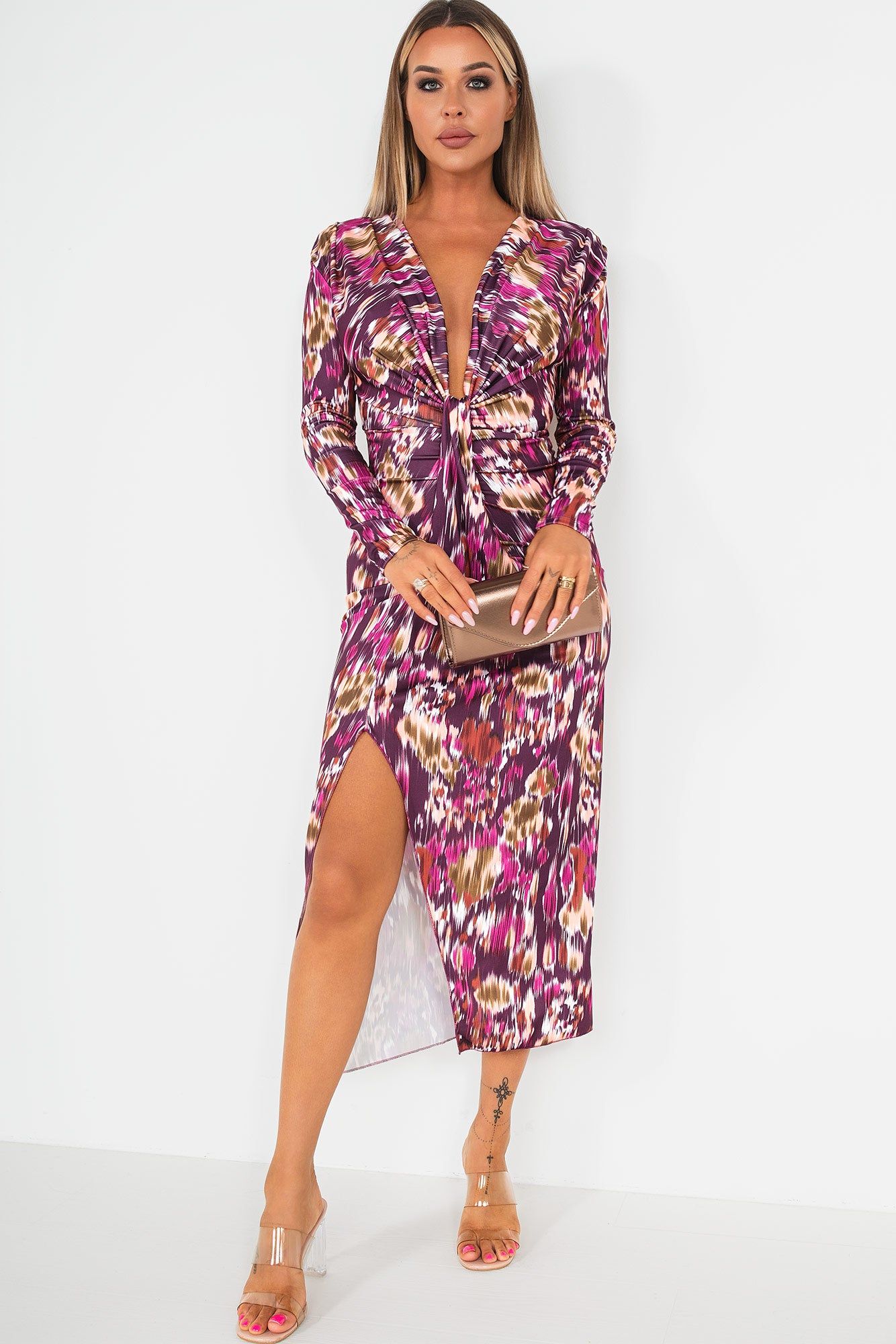 Greyson Purple Printed Knot Front Midi Dress sold by Va Va Voom