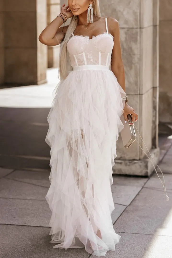 Pearl White Mesh Ruffle Dress sold by Va Va Voom product image thumbnail 4