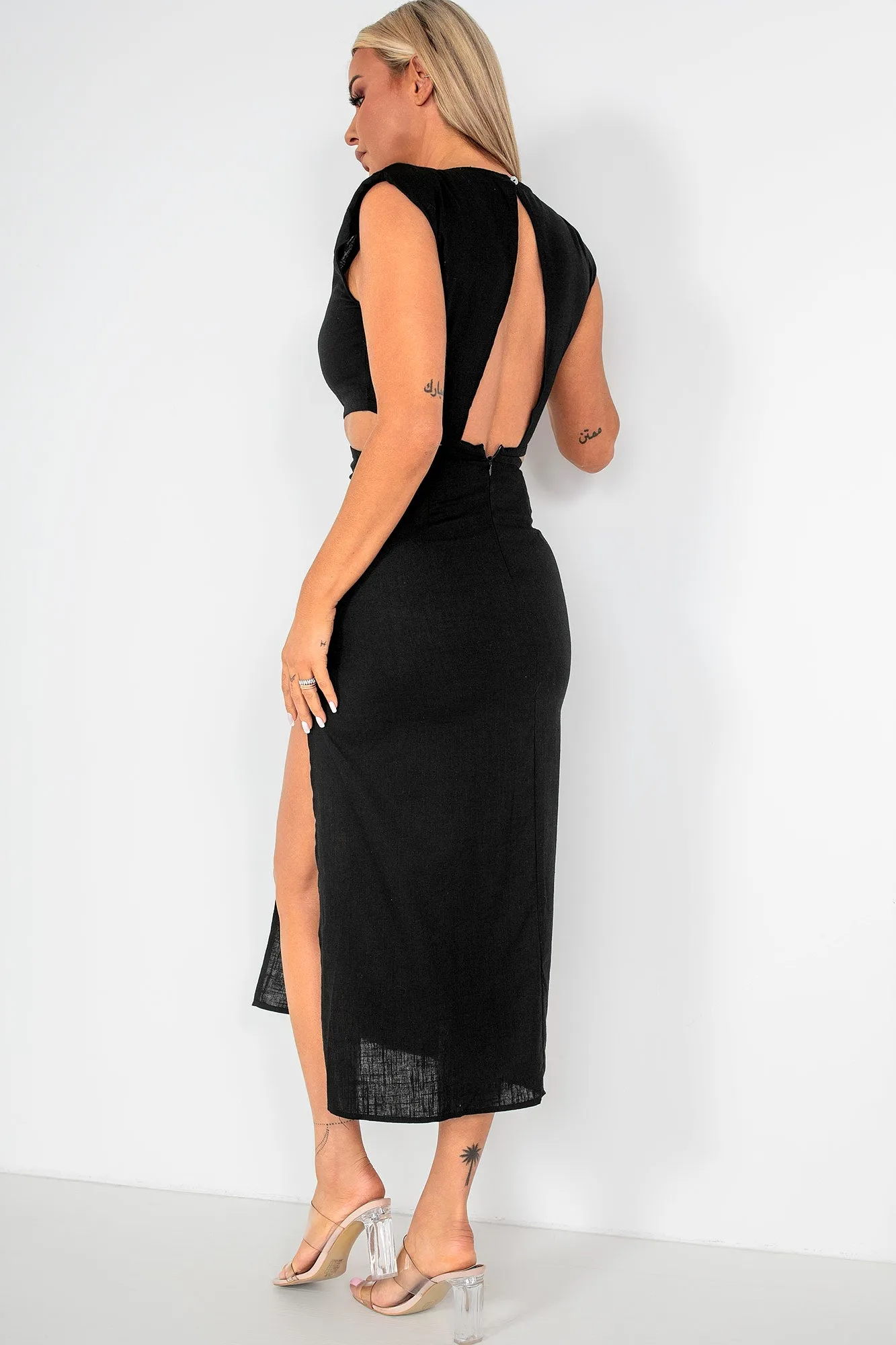 Quinella Black Linen Cut Out Dress sold by Va Va Voom product image thumbnail 2