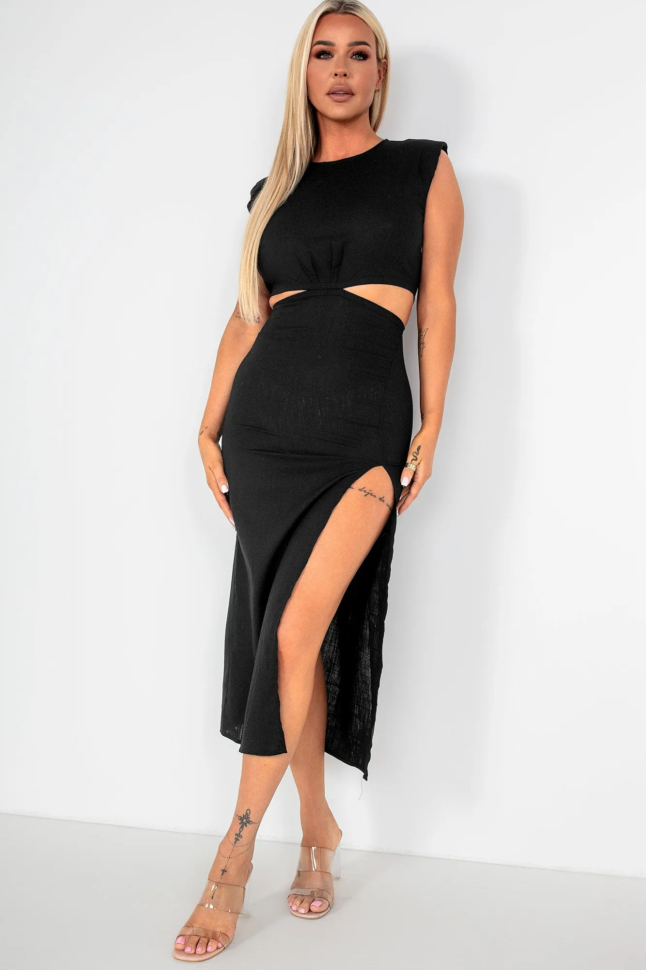 Quinella Black Linen Cut Out Dress sold by Va Va Voom product image thumbnail 3