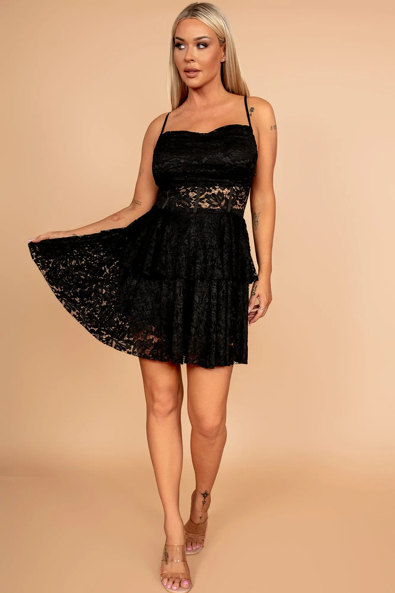 Fenix Black Lace Tiered Cami Dress sold by Va Va Voom