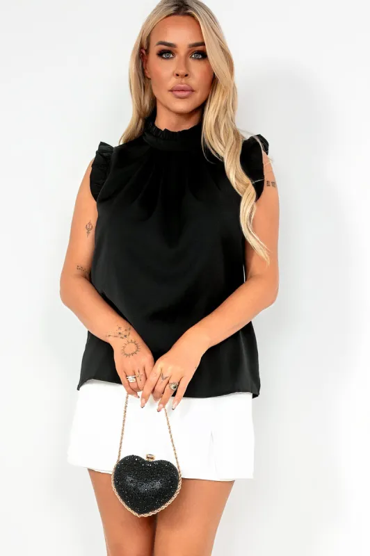 Kenny Black Frill High Neck Top sold by Va Va Voom