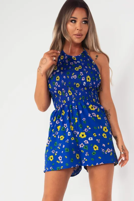 Emz Blue Floral Halter Neck Playsuit sold by Va Va Voom