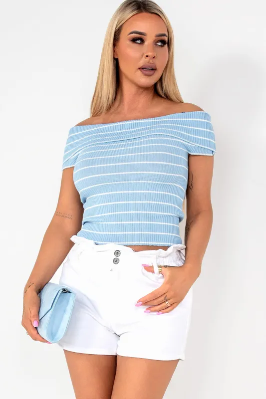 Jalila Blue Striped Bardot Top sold by Va Va Voom