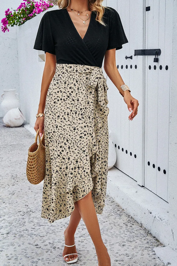 Kaia Black and Taupe Floral Wrap Dress sold by Va Va Voom product image thumbnail 4