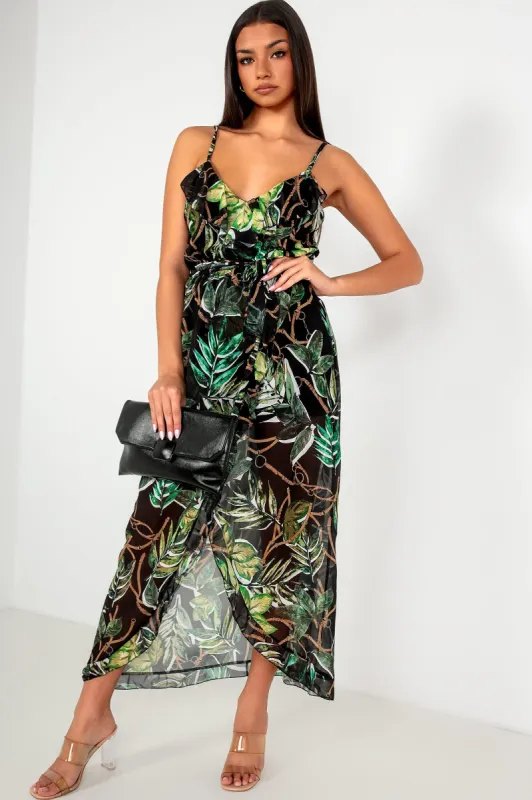 Kimberly Black Chiffon Leaf Print Dress sold by Va Va Voom