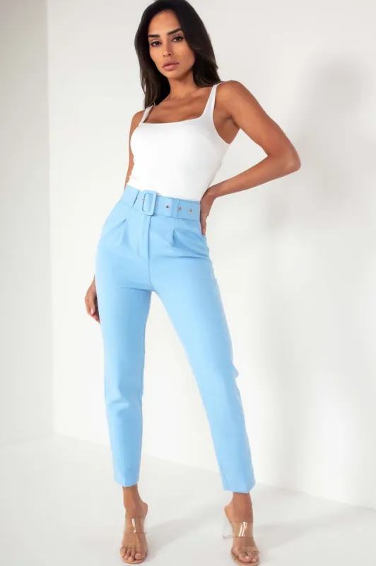 Brinley Powder Blue Belted Cigarette Trousers sold by Va Va Voom
