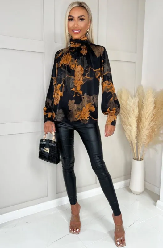 AX Paris Angela Black Satin Floral Top sold by Va Va Voom