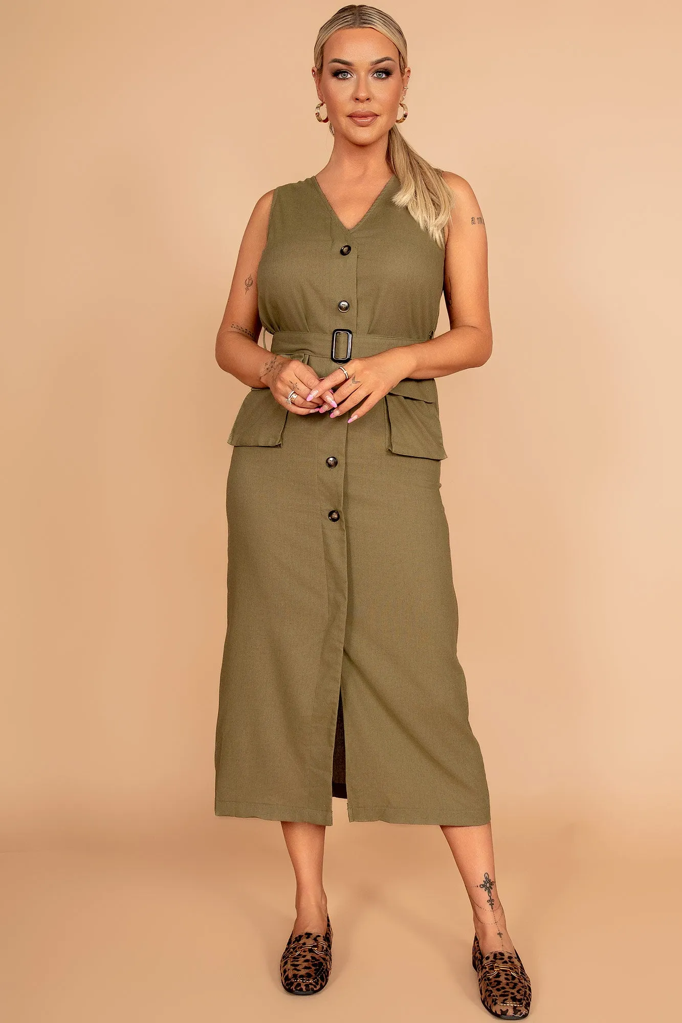 Verna Khaki Linen Belted Dress sold by Va Va Voom