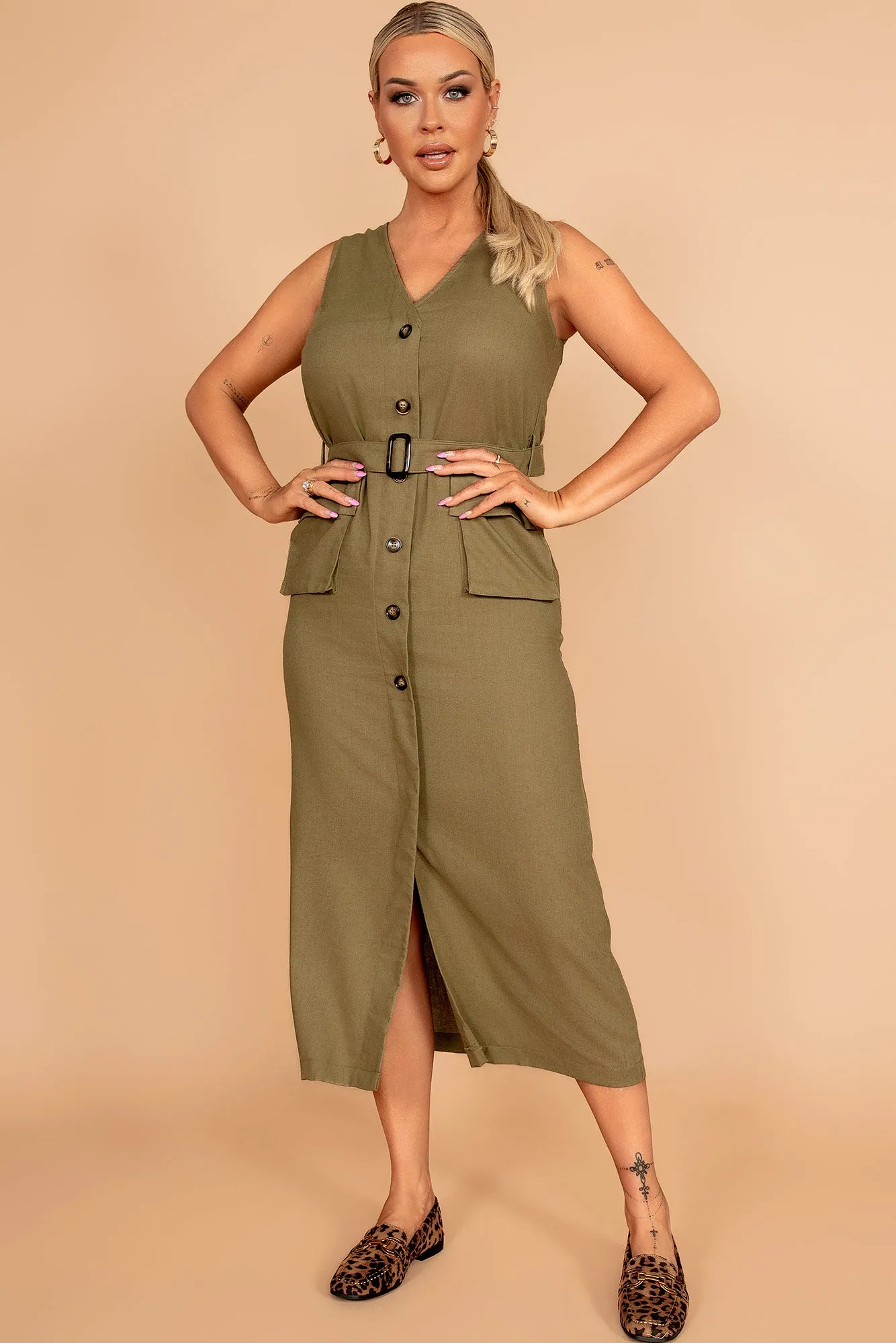 Verna Khaki Linen Belted Dress sold by Va Va Voom product image thumbnail 4