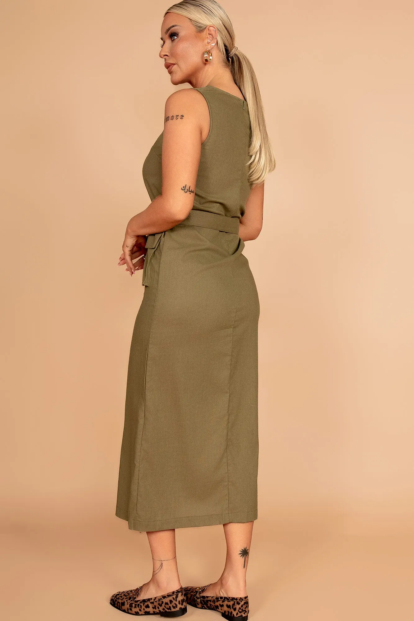 Verna Khaki Linen Belted Dress sold by Va Va Voom product image thumbnail 2