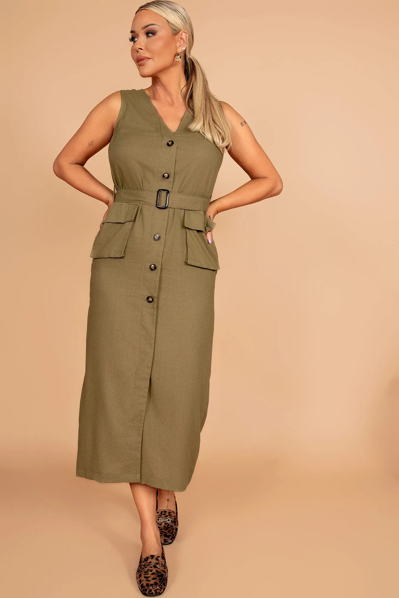 Verna Khaki Linen Belted Dress sold by Va Va Voom product image thumbnail 3