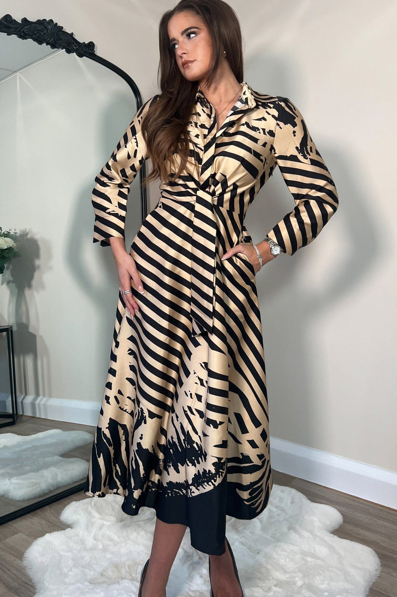 Girl In Mind Isabella Gold Satin Print Dress sold by Va Va Voom