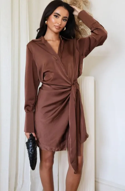 AX Paris Peggy Chocolate Satin Wrap Dress sold by Va Va Voom