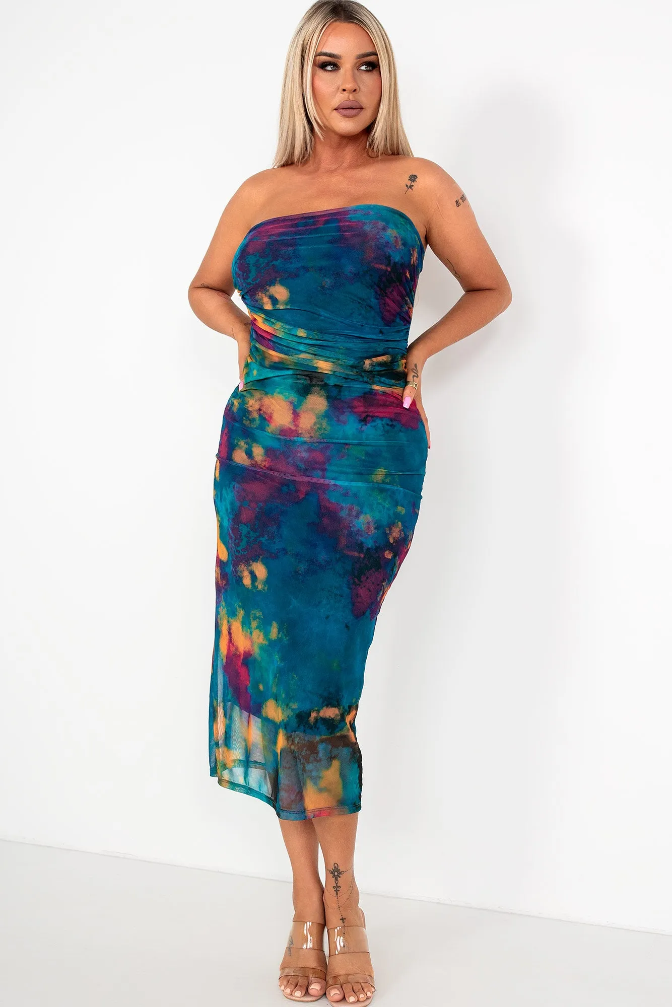 Parris Teal Mesh Print Bandeau Dress sold by Va Va Voom