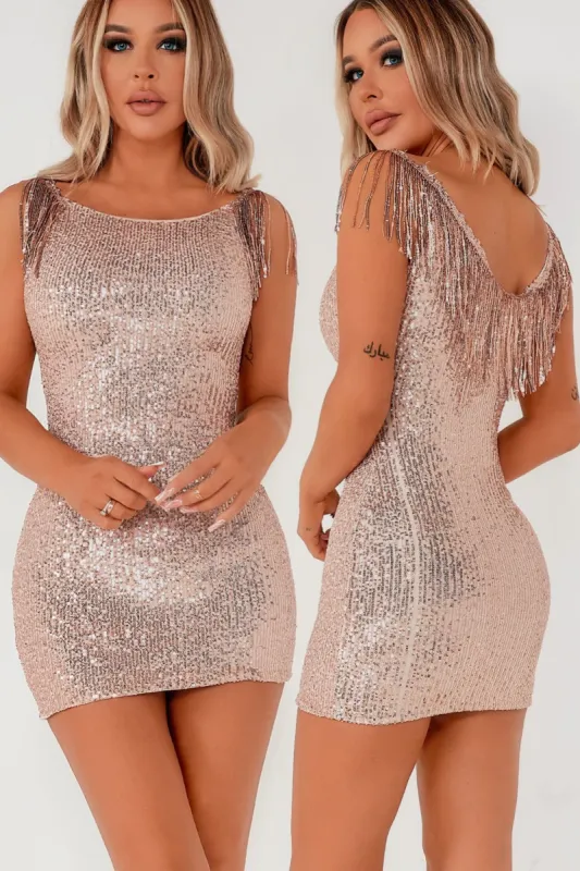 Ginelle Rose Gold Tassel Sequin Dress sold by Va Va Voom