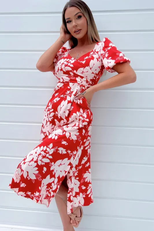Girl In Mind Maria Red Satin Floral Dress sold by Va Va Voom