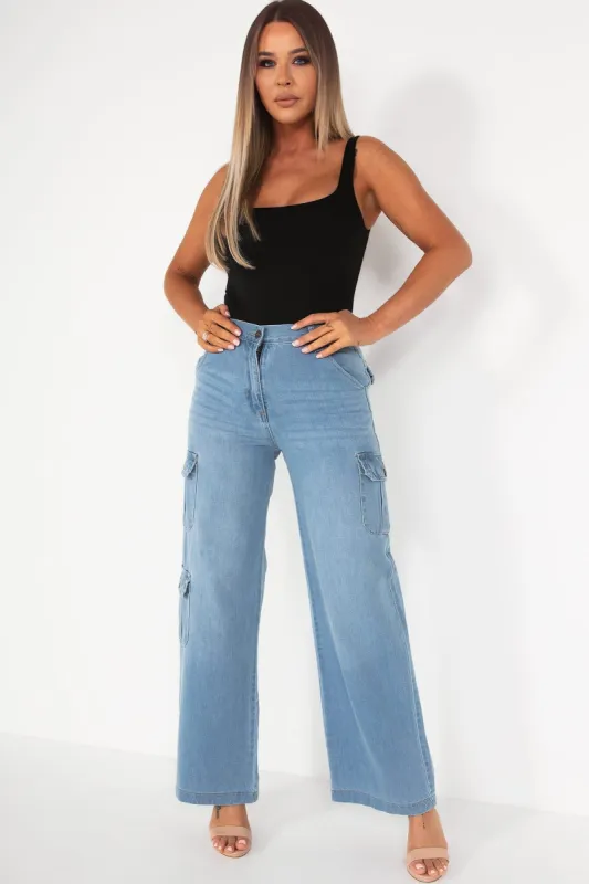 Livia Blue Wide Leg Cargo Trousers sold by Va Va Voom
