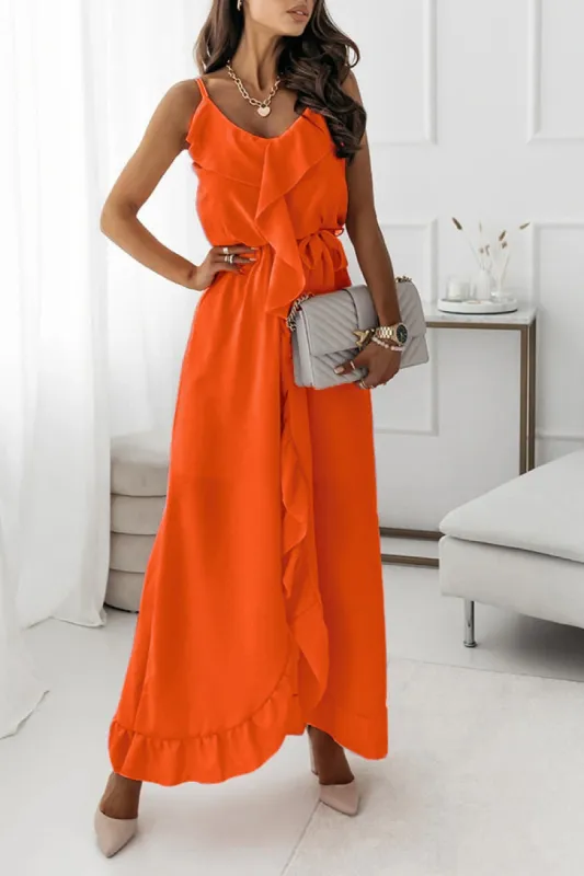 Kamari Orange Chiffon Frill Belted Dress sold by Va Va Voom