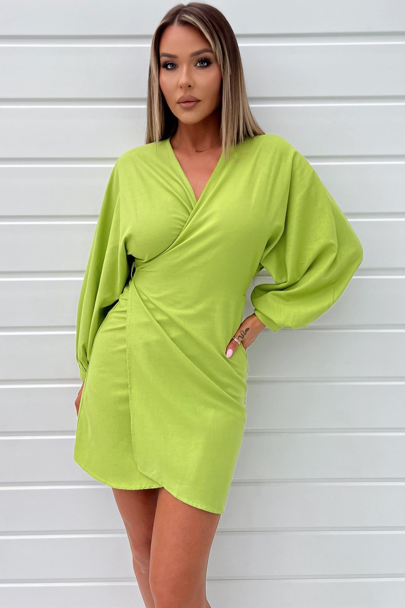Courtney Green Linen Wrap Dress sold by Va Va Voom