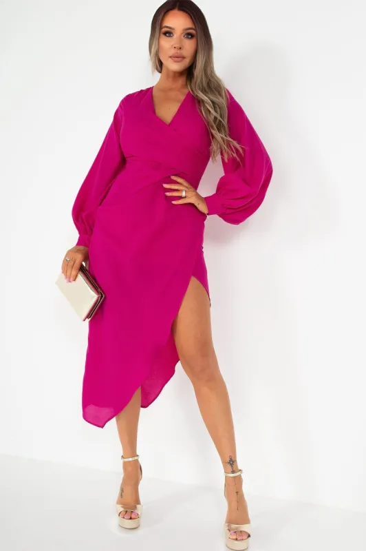 Girl In Mind Elsa Magenta Wrap Midi Dress sold by Va Va Voom