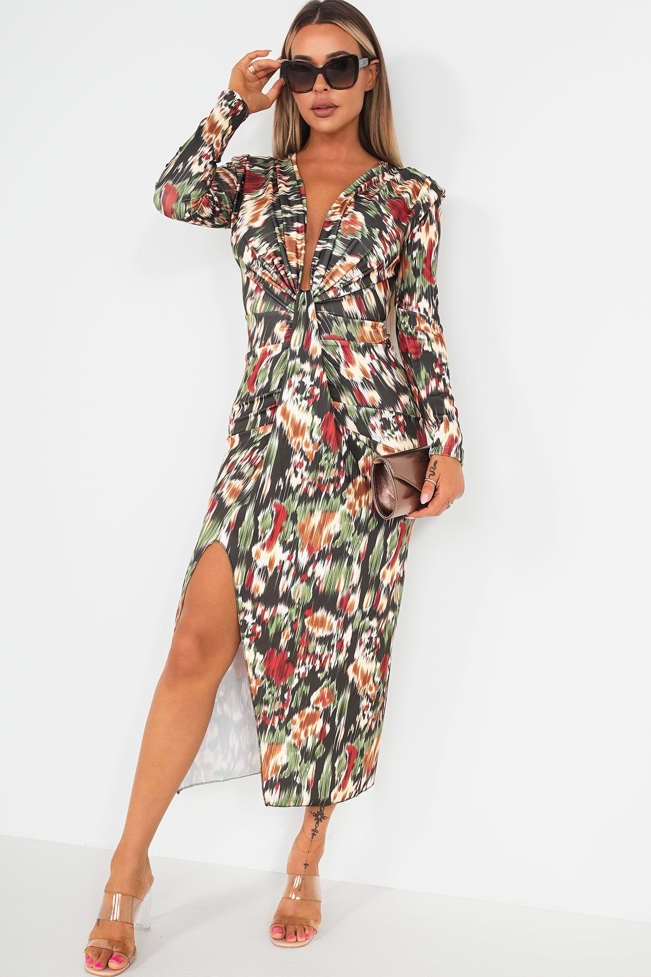 Greyson Khaki Printed Knot Front Midi Dress sold by Va Va Voom
