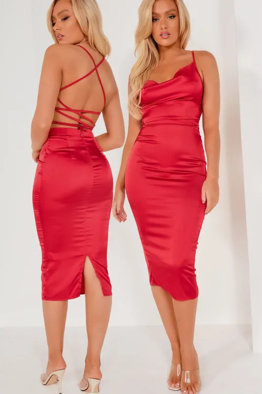 Frikka Red Satin Midi Dress sold by Va Va Voom