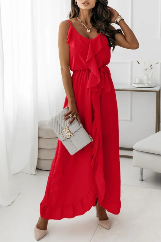 Kamari Red Chiffon Frill Belted Dress sold by Va Va Voom