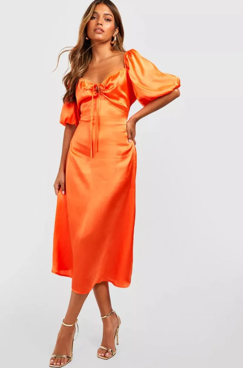 Tiffany Orange Satin Midi Dress sold by Va Va Voom