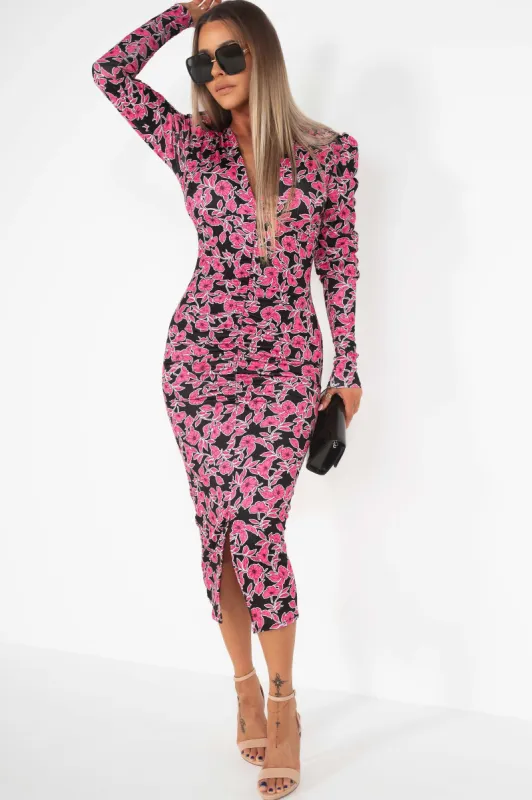 Layton Black and Pink Floral Midi Dress sold by Va Va Voom