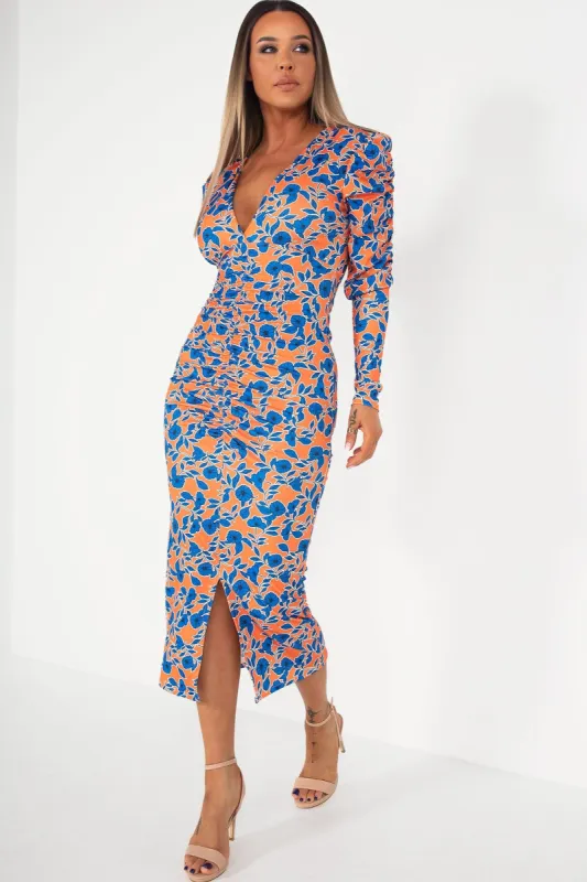 Layton Orange and Blue Floral Midi Dress sold by Va Va Voom