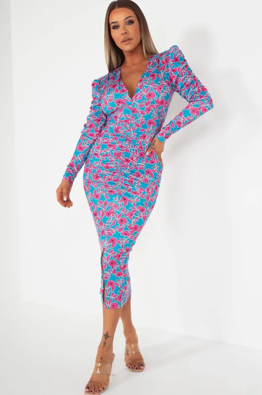 Layton Blue and Pink Floral Midi Dress sold by Va Va Voom