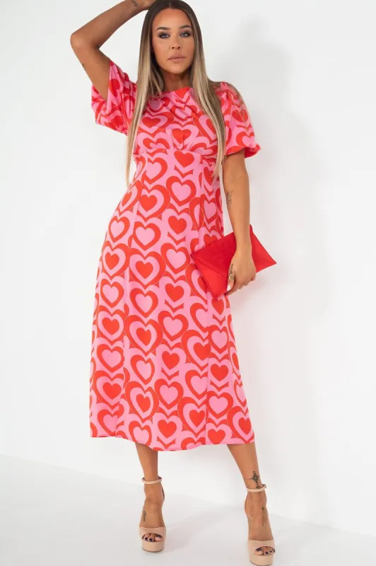 Rowena Pink and Red Heart Print Dress sold by Va Va Voom