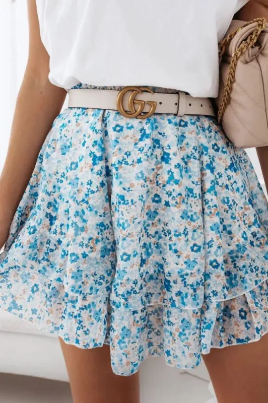 Harlow Blue Printed Tiered Skirt sold by Va Va Voom