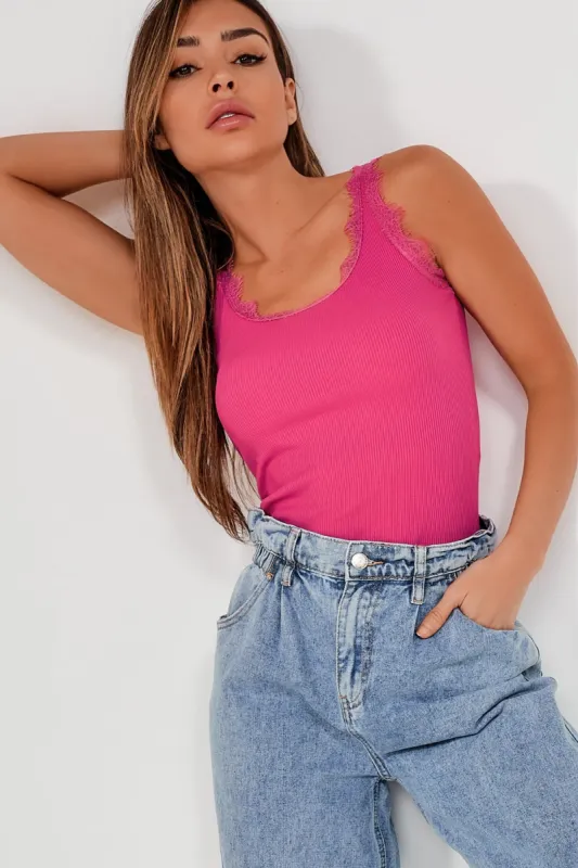 Mila Pink Lace Detail Top sold by Va Va Voom