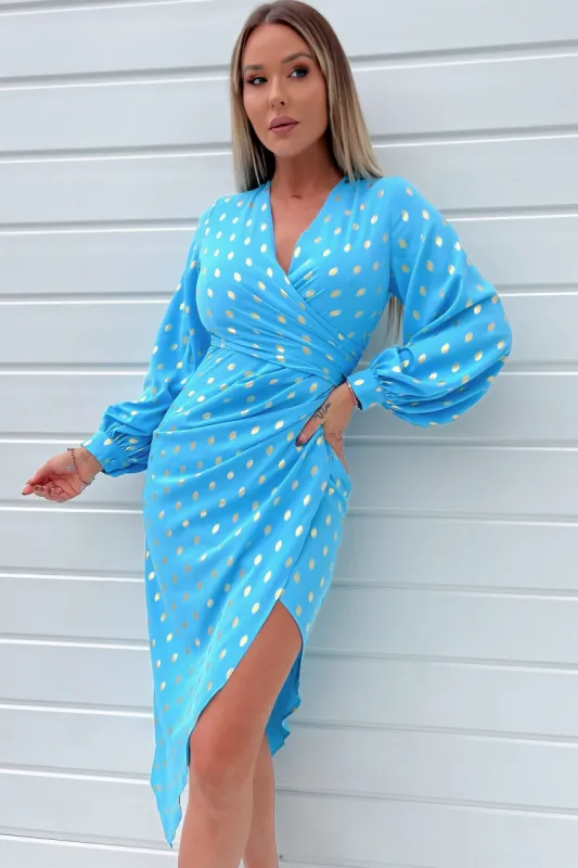 Girl In Mind Elsa Sky Blue Printed Wrap Dress sold by Va Va Voom