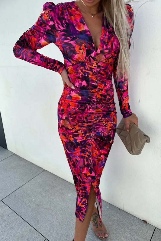Bridget Pink Printed Ruched Midi Dress sold by Va Va Voom