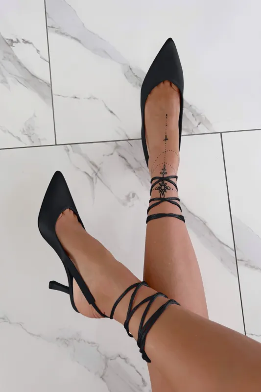Tessa Black Satin Lace Up Heels sold by Va Va Voom