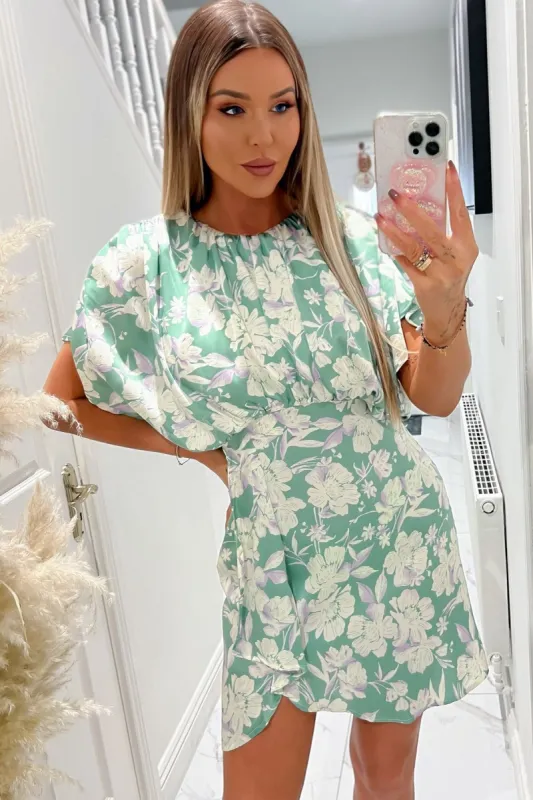 AX Paris Linda Green Satin Floral Dress made by Vavavoom