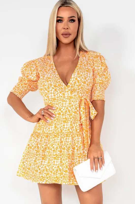 Griselda Yellow Ditsy Print Wrap Dress sold by Va Va Voom