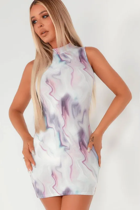 Odele Purple Swirl Print High Neck Mini Dress sold by Va Va Voom